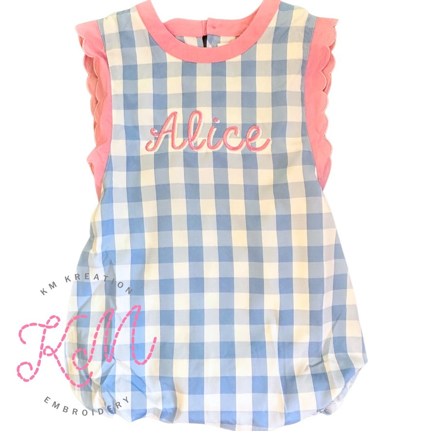 6T Blue Gingham with Pink Scallop Trim Sunsuit