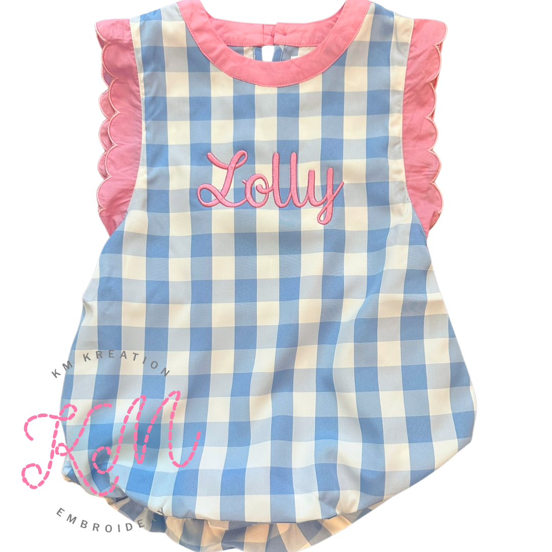 6T Blue Gingham with Pink Scallop Trim Sunsuit