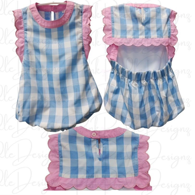6T Blue Gingham with Pink Scallop Trim Sunsuit
