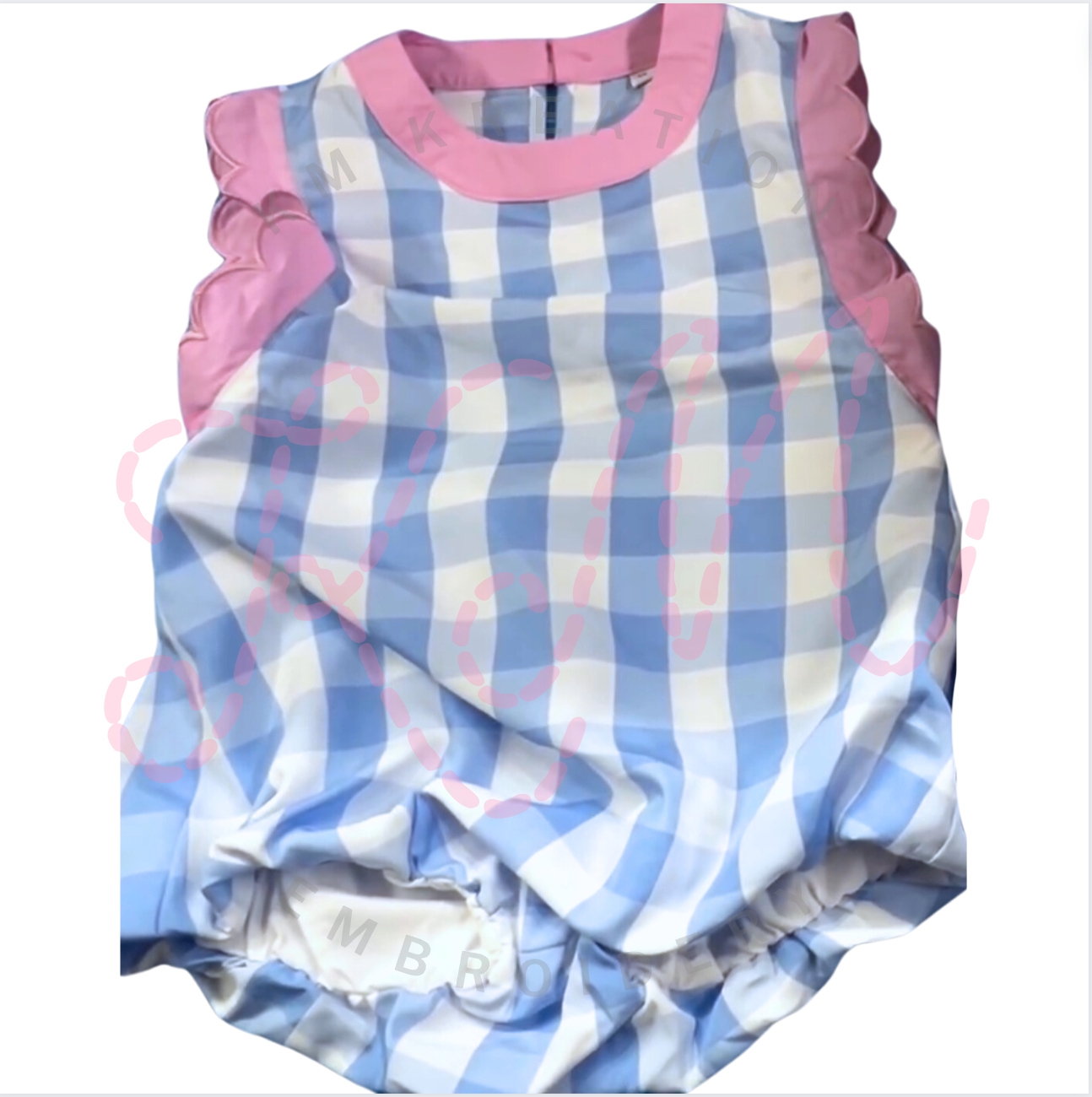 6T Blue Gingham with Pink Scallop Trim Sunsuit