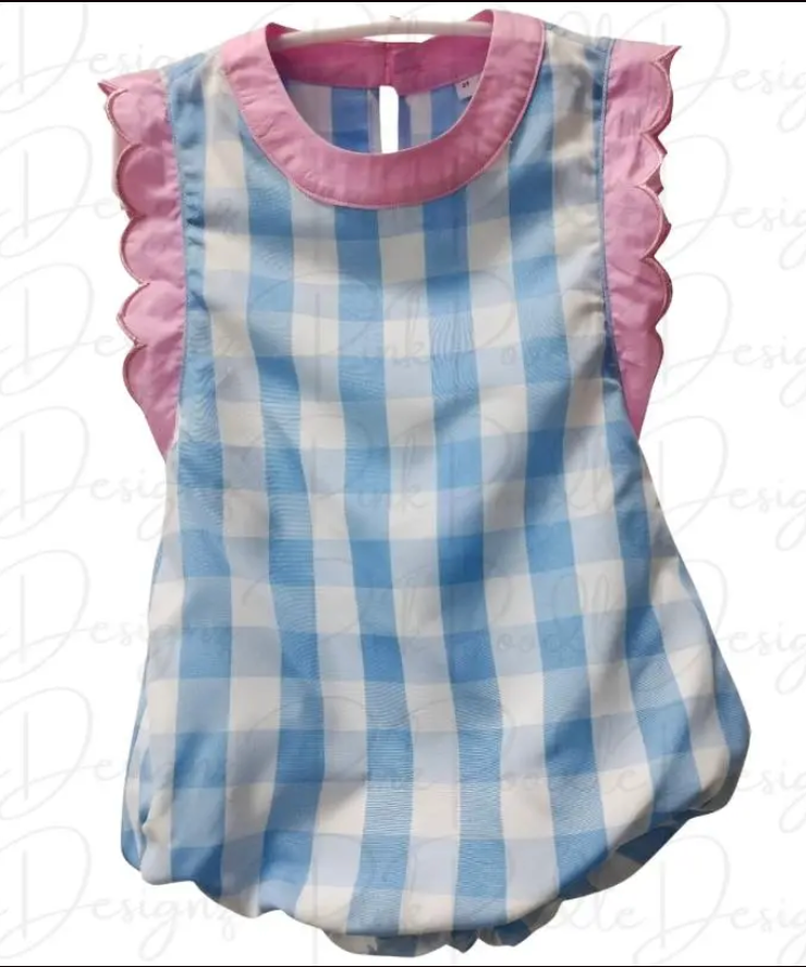 6T Blue Gingham with Pink Scallop Trim Sunsuit