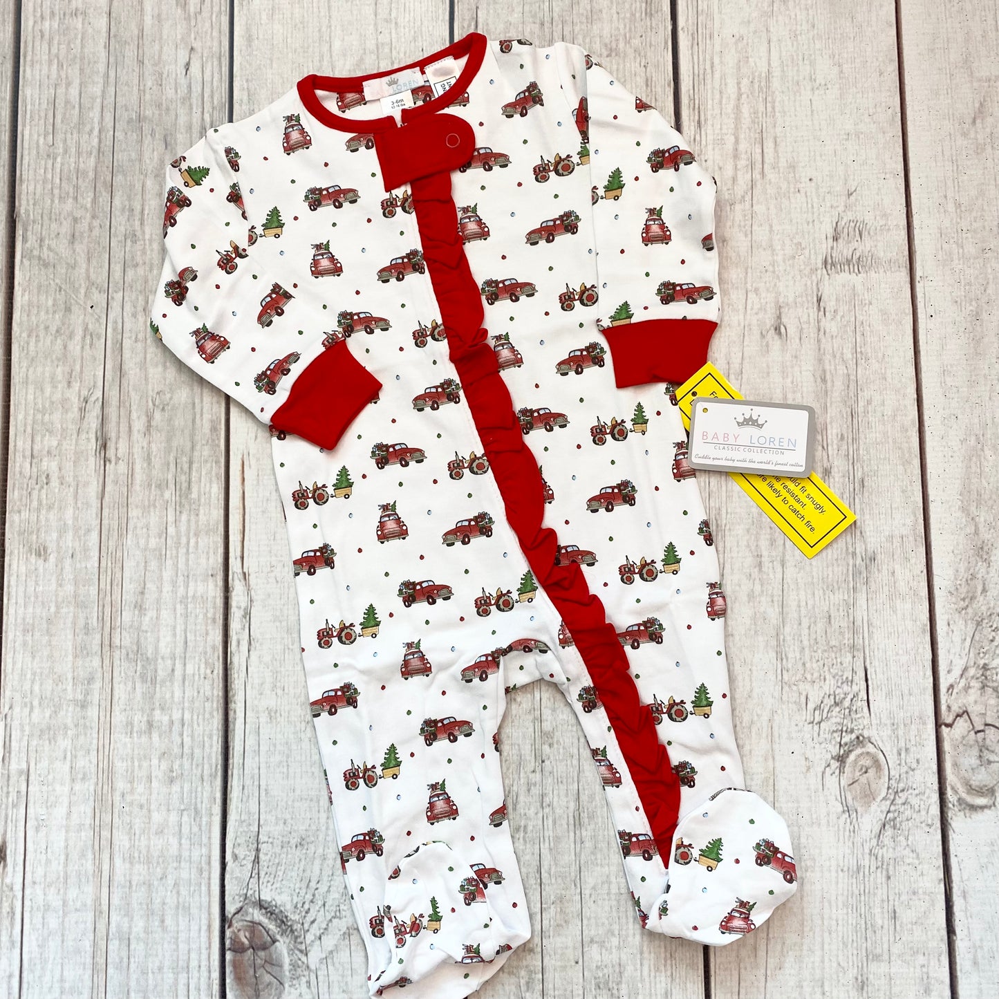 6-9M Vintage Xmas Trucks Pima Ruffle Zipper Footie