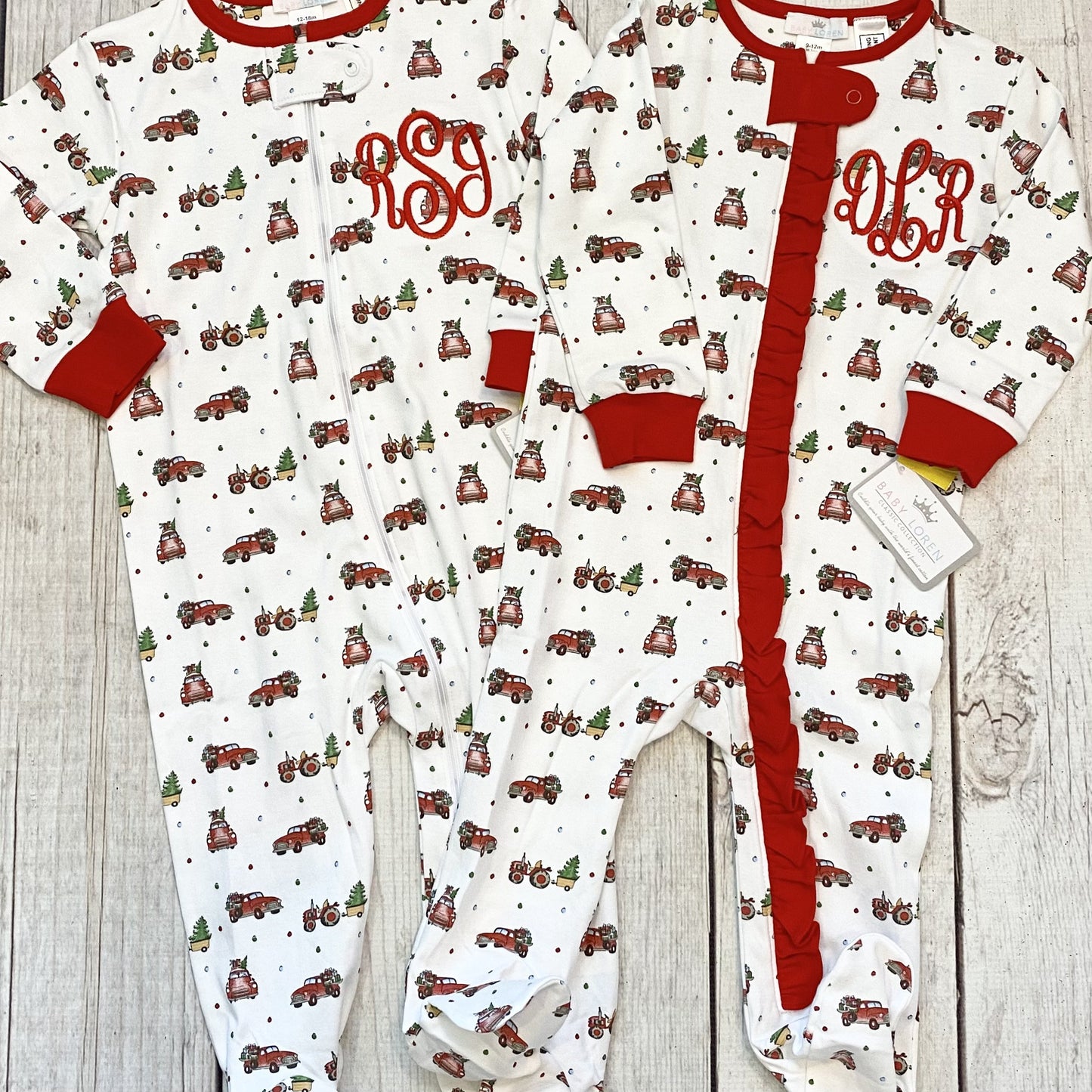 6-9M Vintage Xmas Trucks Pima Ruffle Zipper Footie