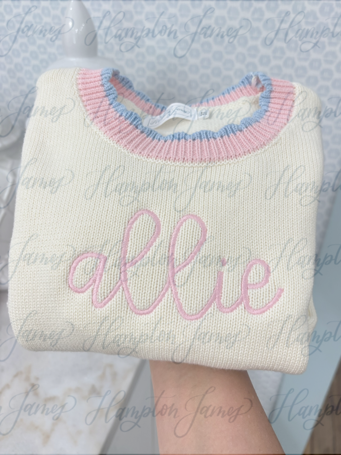Cream with Pink and Blue Trim Knit Rollneck Sweater *HAMPTON JAMES ROLLNECK PREORDER 26*