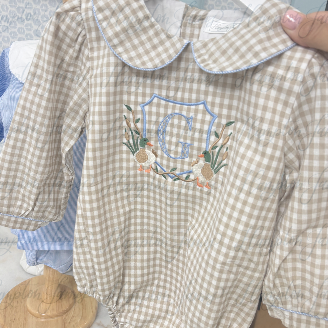 12M Barron Khaki Gingham Bubble with Blue Trim Long Sleeve