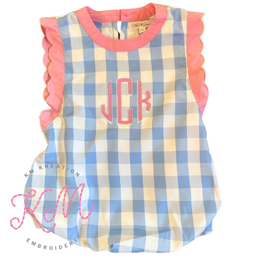 6T Blue Gingham with Pink Scallop Trim Sunsuit