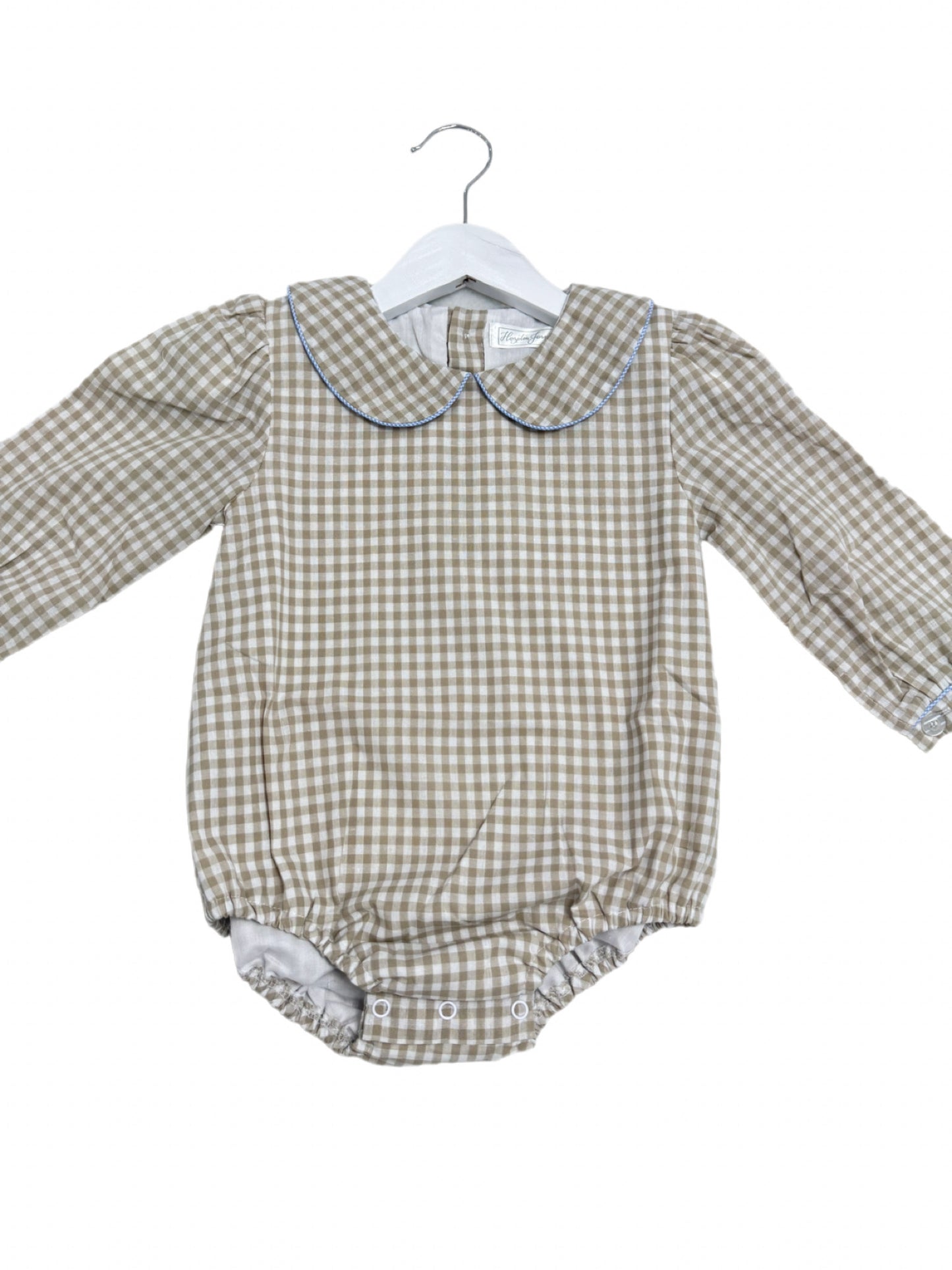 12M Barron Khaki Gingham Bubble with Blue Trim Long Sleeve
