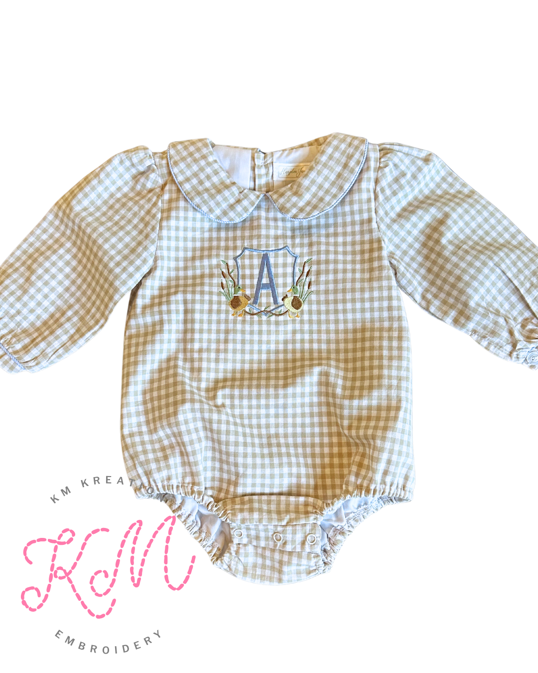 12M Barron Khaki Gingham Bubble with Blue Trim Long Sleeve