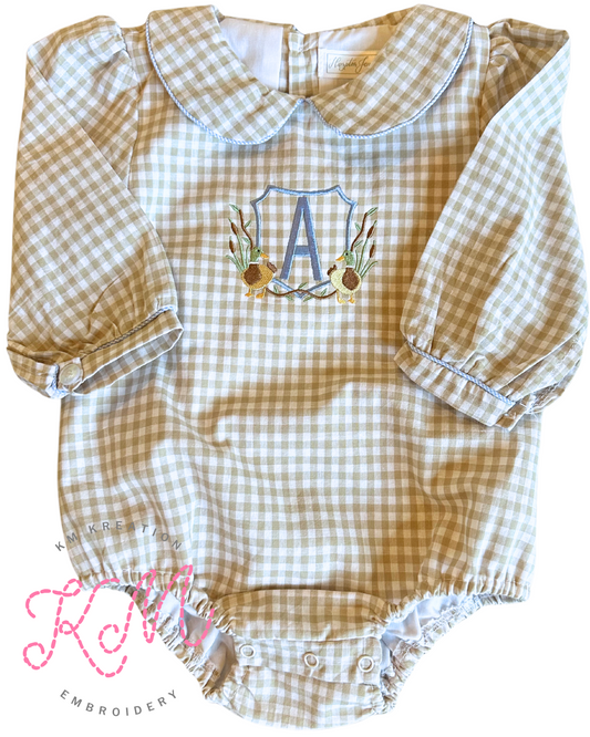 12M Barron Khaki Gingham Bubble with Blue Trim Long Sleeve