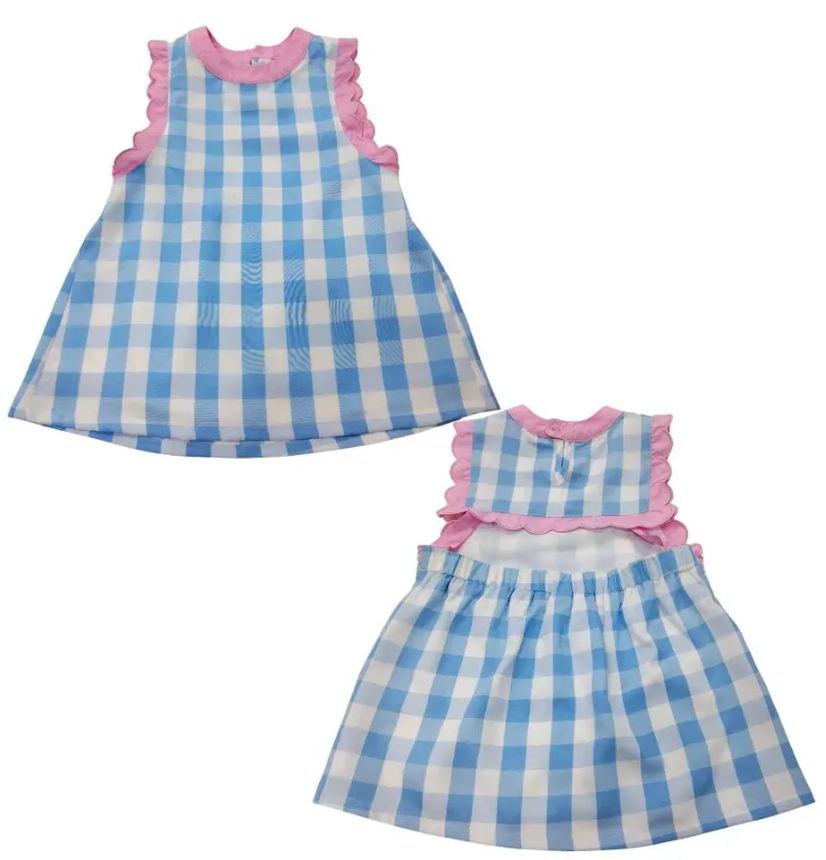 2T, 3T, 4T Blue Gingham with Pink Scallop Trim Dress