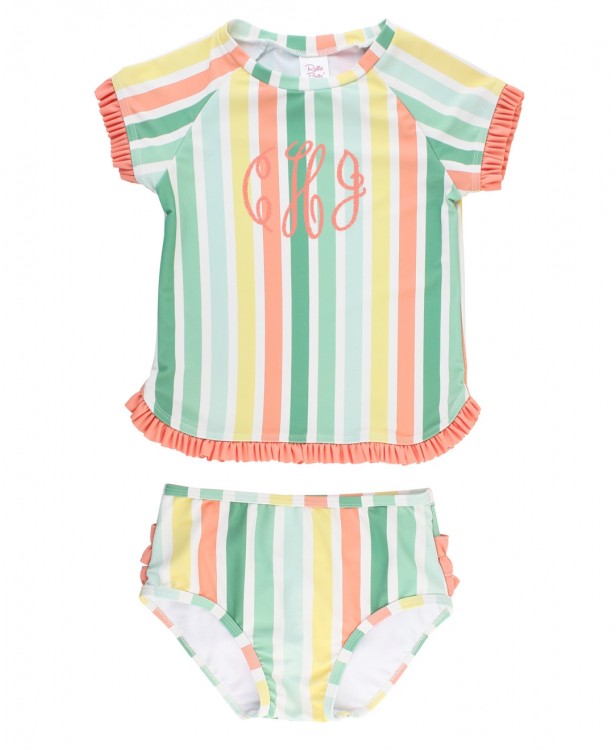 2T, 3T, 8 & 10 Saltwater Stripe Short Sleeve Rash Guard Bikini (2022 Style)